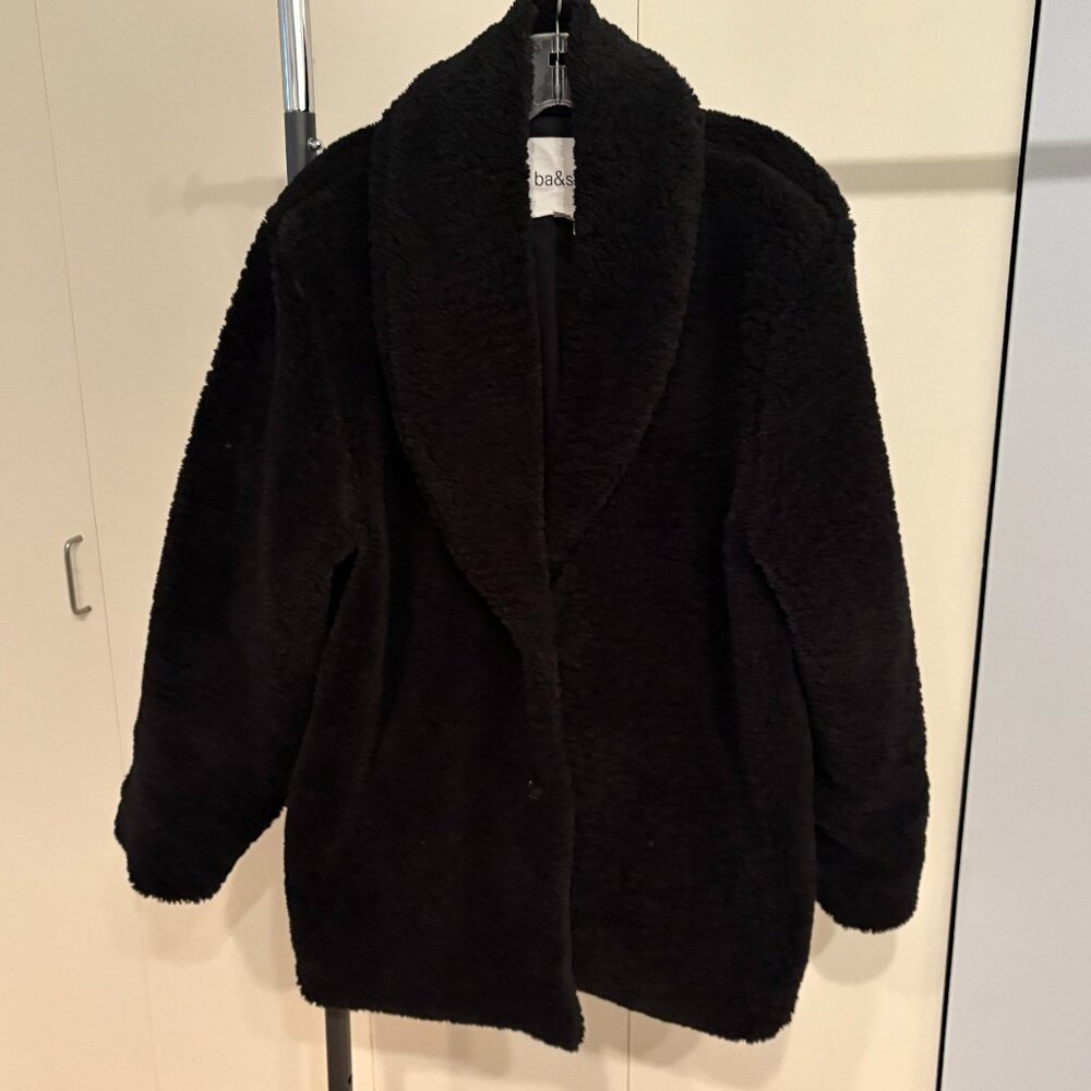 Ba&sh Welli Faux Sterling Shaw Collar Teddy Coat, Size L Black